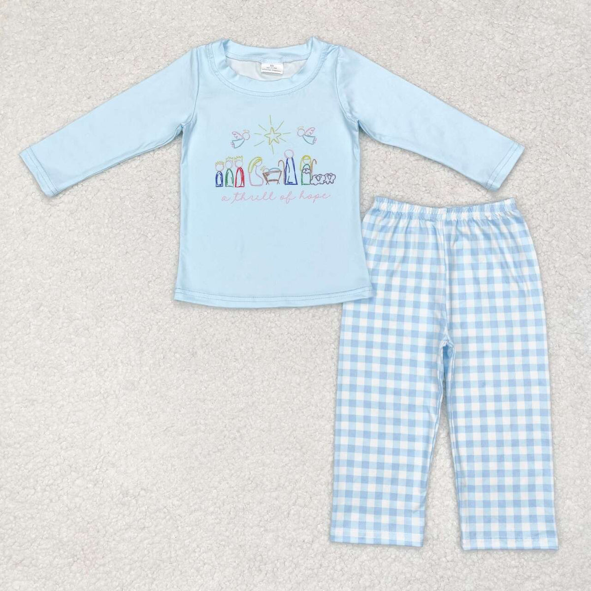 BLP0504 Nativity Hope Blue Checkered Print Boys Christmas Pajamas Clothes Set
