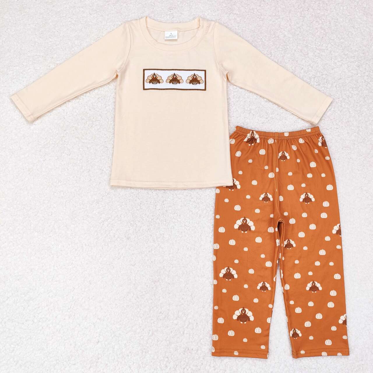 BLP0542 Turkey Embroidery Top Pumpkin Pants Boys Thanksgiving Clothes Set