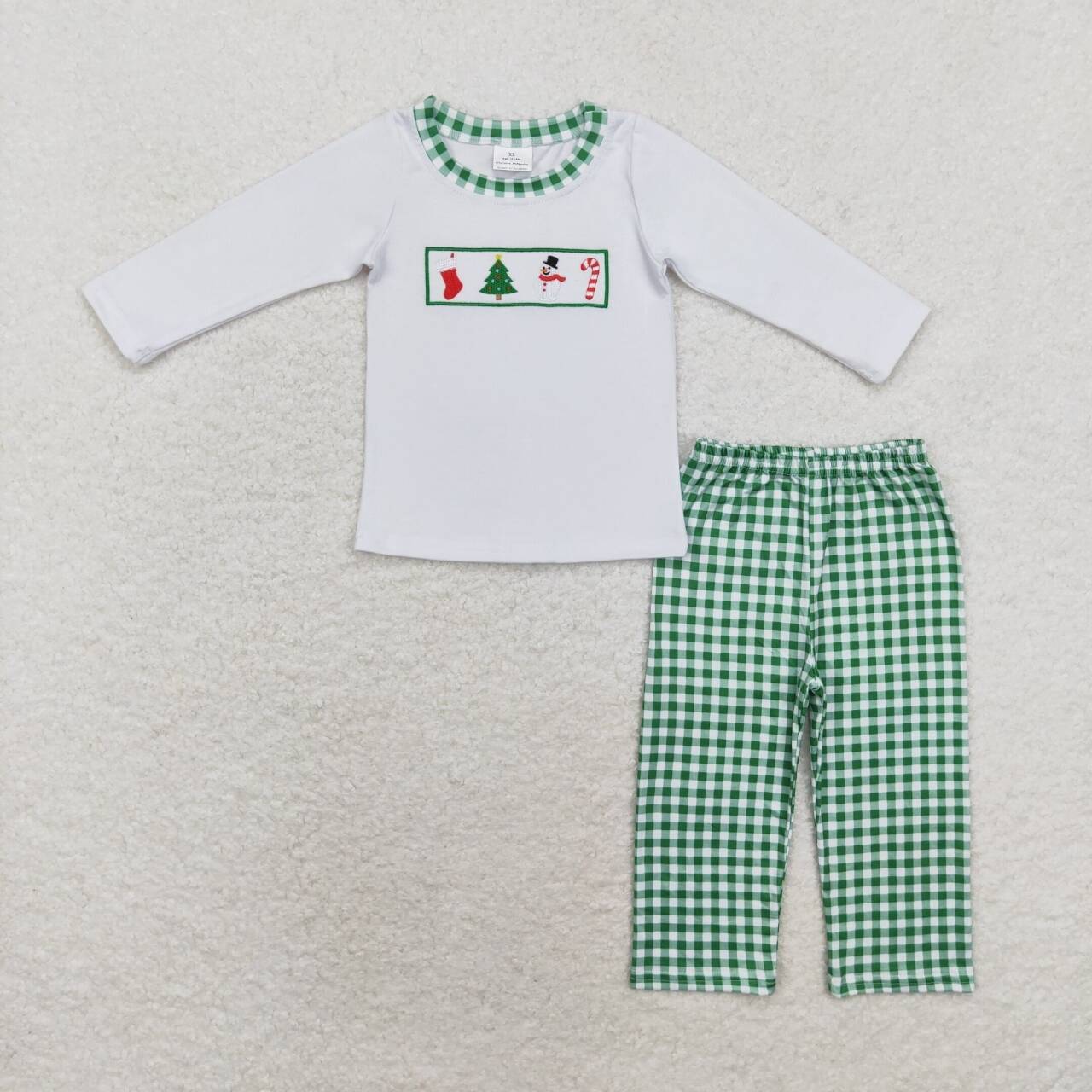 BLP0603 Snowman Embroidery White Top Checkered Pants Boys Christmas Clothes Set