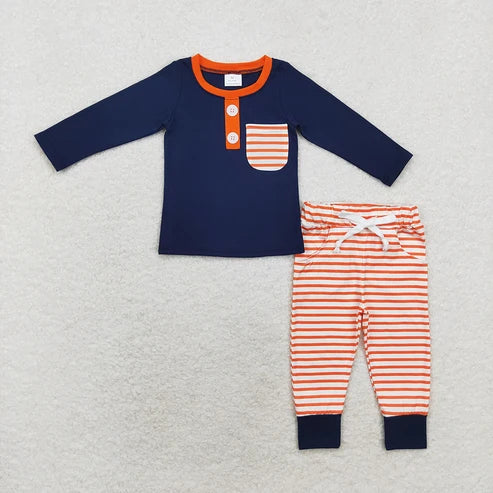 Baby Boys Navy Pocket Long Sleeve Top Orange Striped Pants Outfit
