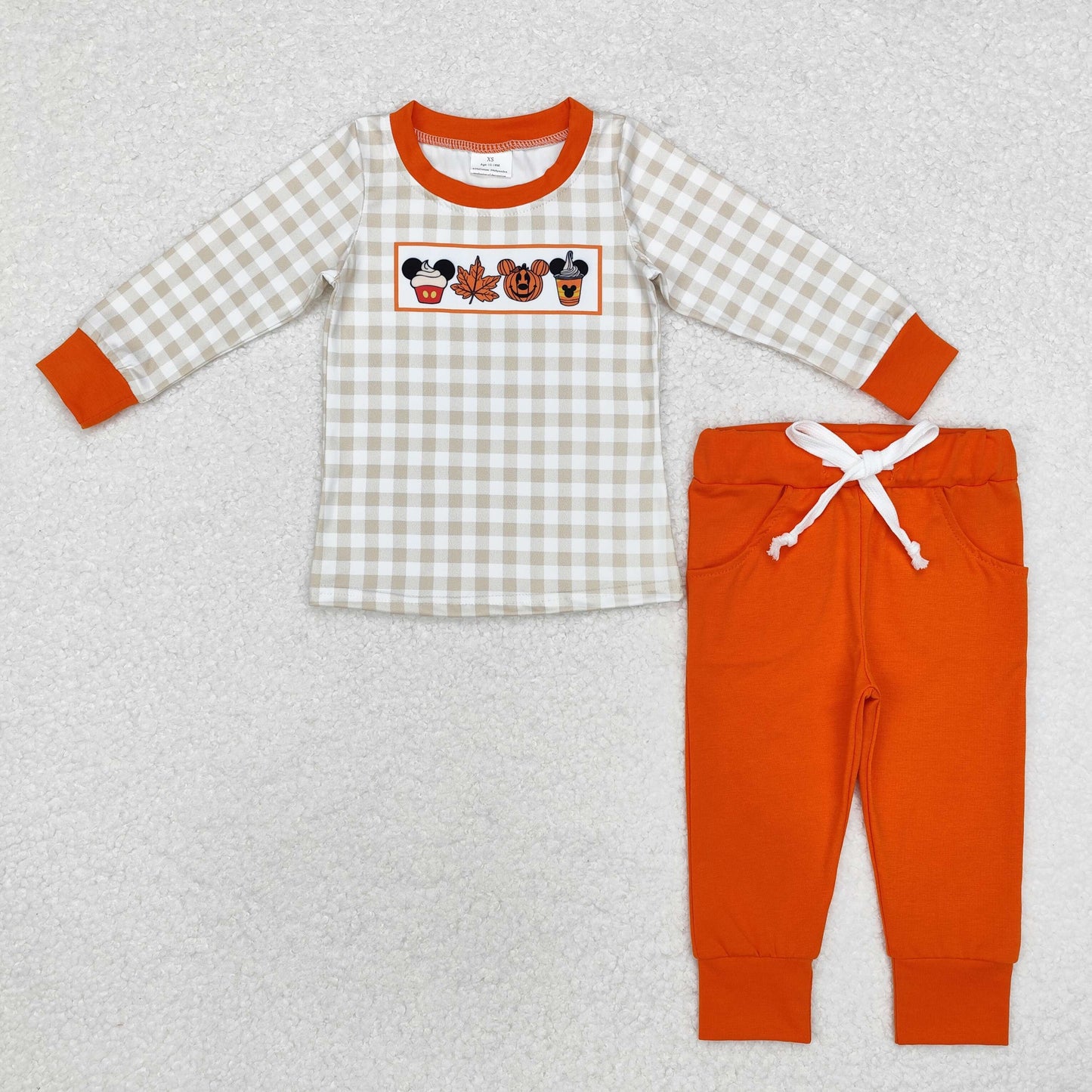 BLP0696 Cartoon Mouse Checkered Top Orange Pants Boys Halloween Clothes Set