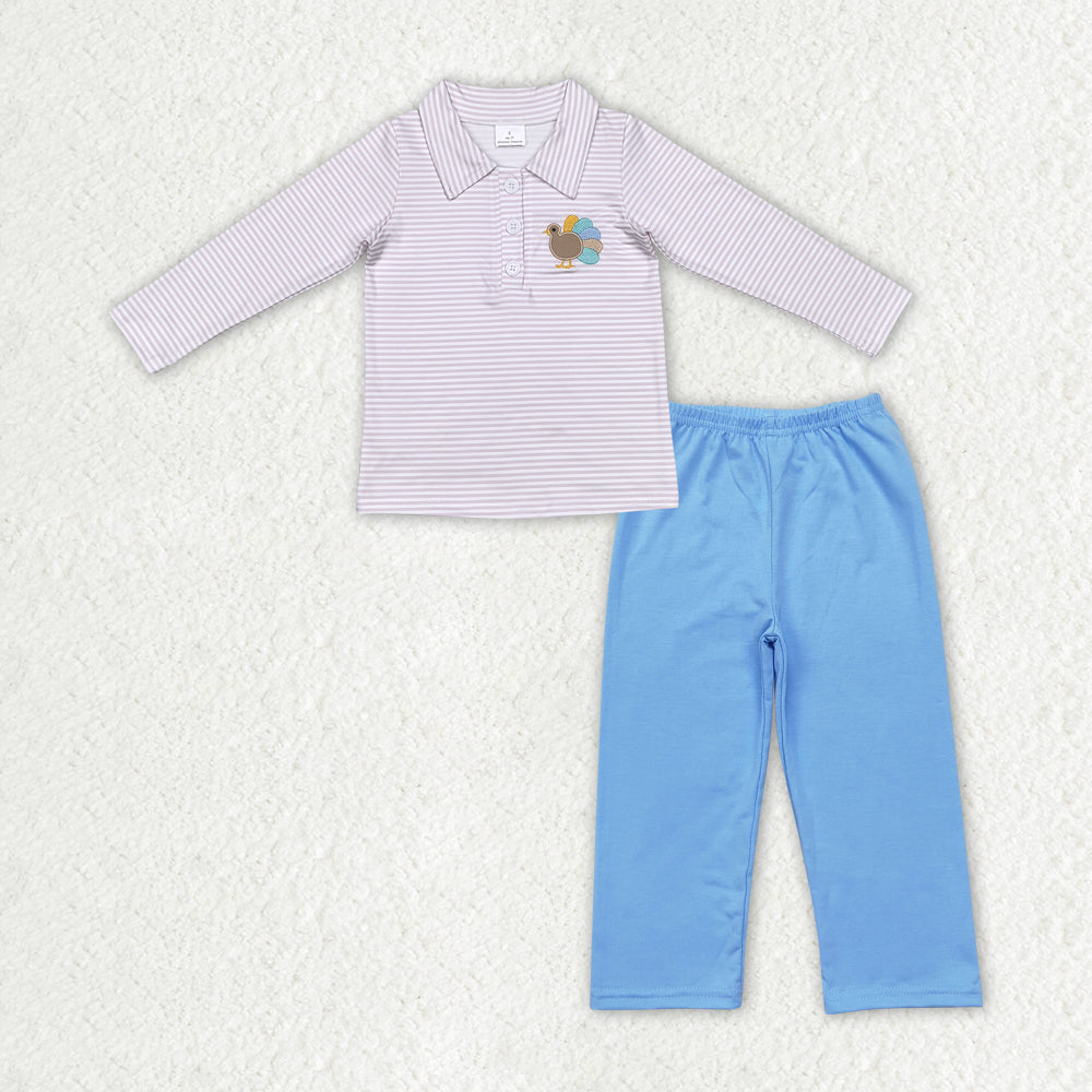 BLP0698 Turkey Embroidery Stripes Top Blue Pants Boys Thanksgiving Clothes Set
