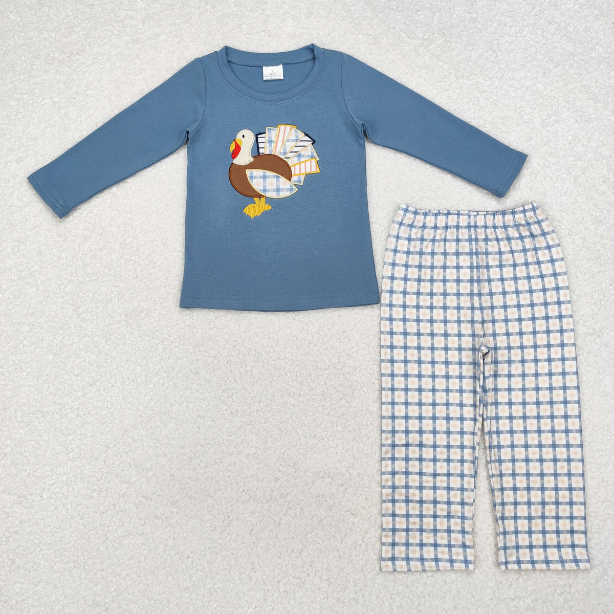BLP0742 Turkey Embroidery Blue Top Checkered Pants Boys Thanksgiving Clothes Set
