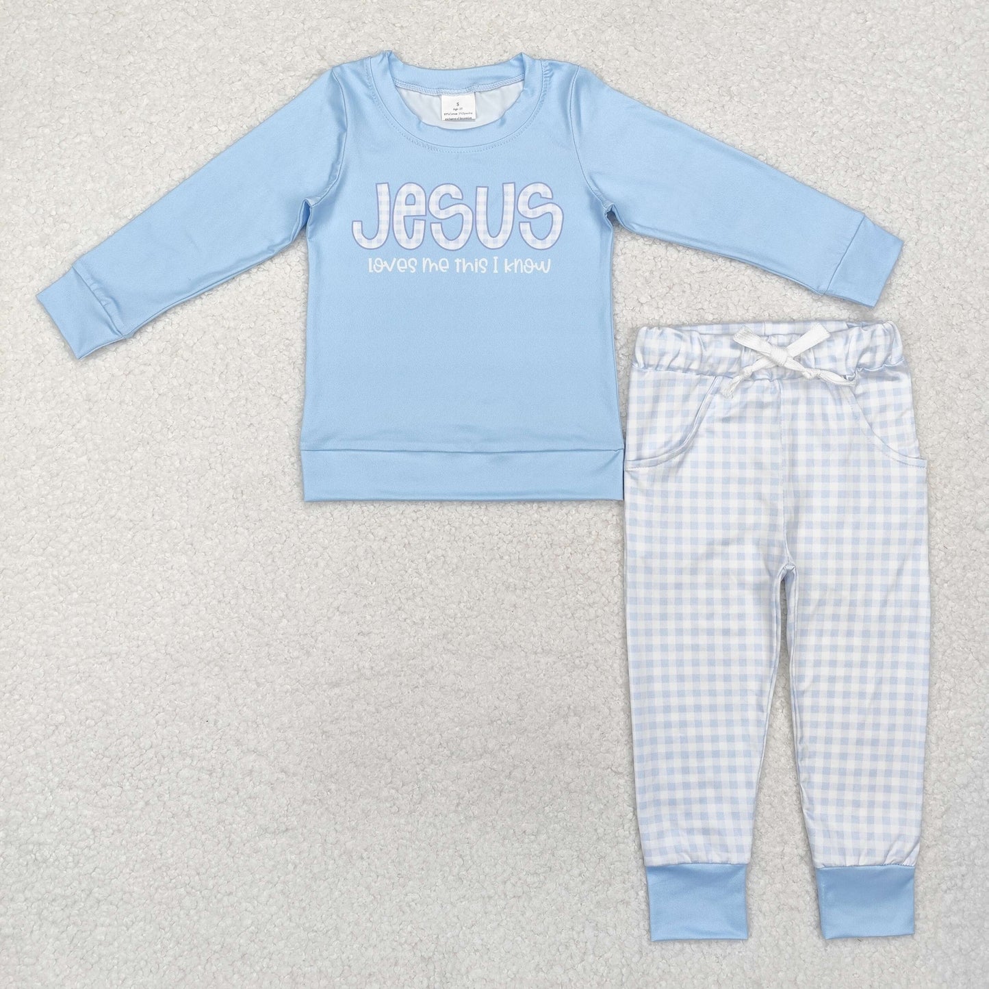 BLP0767 Jesus Blue Top Plaid Pants Boys Easter Clothes Set