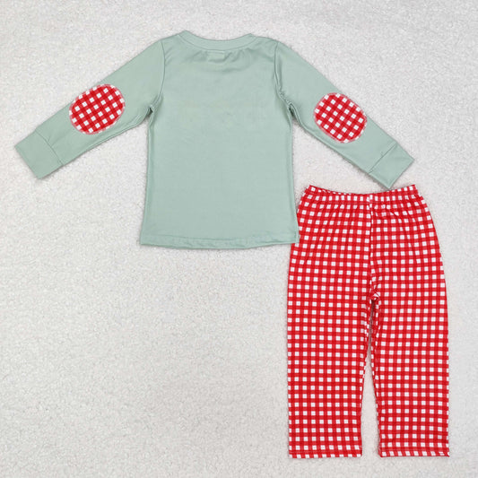 BLP0774 Santa Green Top Checkered Pants Boys Christmas Clothes Set
