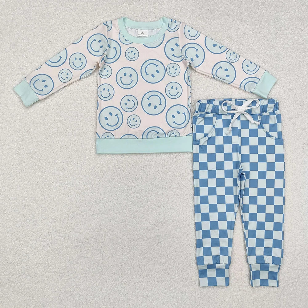 Sibling Baby Girls Smile Face Long Sleeve Top with Checkec Pants Outfit