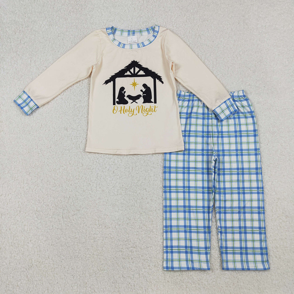 BLP1100 Nativity Top Checkered Pants Boys Christmas Clothes Set