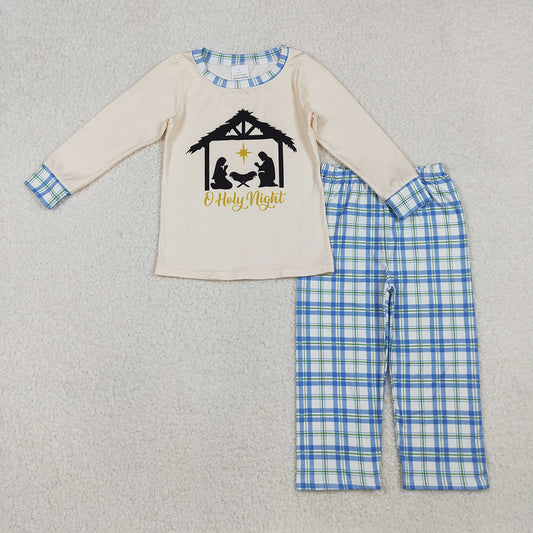 BLP1100 Nativity Top Checkered Pants Boys Christmas Clothes Set