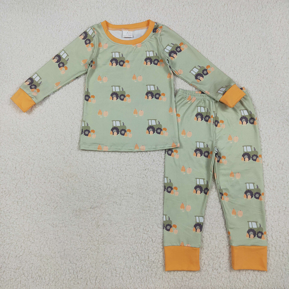 BLP1142 Pumpkin Tractor Green Print Boys Fall Pajamas Clothes Set