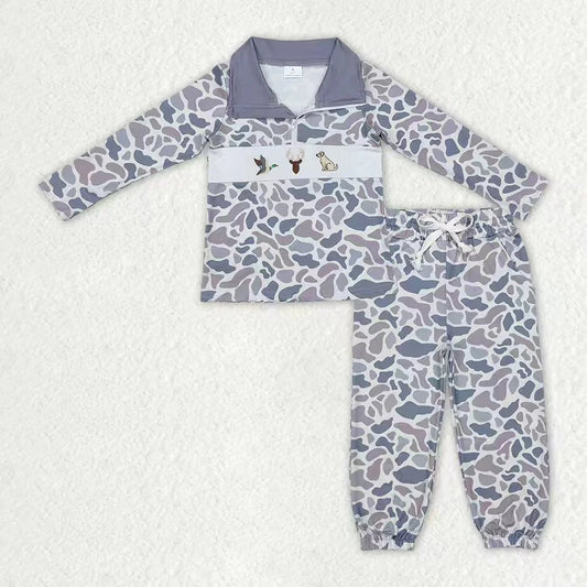 Sibling baby Boys Camo Embroidery Duck Dog Zipper Pullover Top Jogger Hunting Outfit
