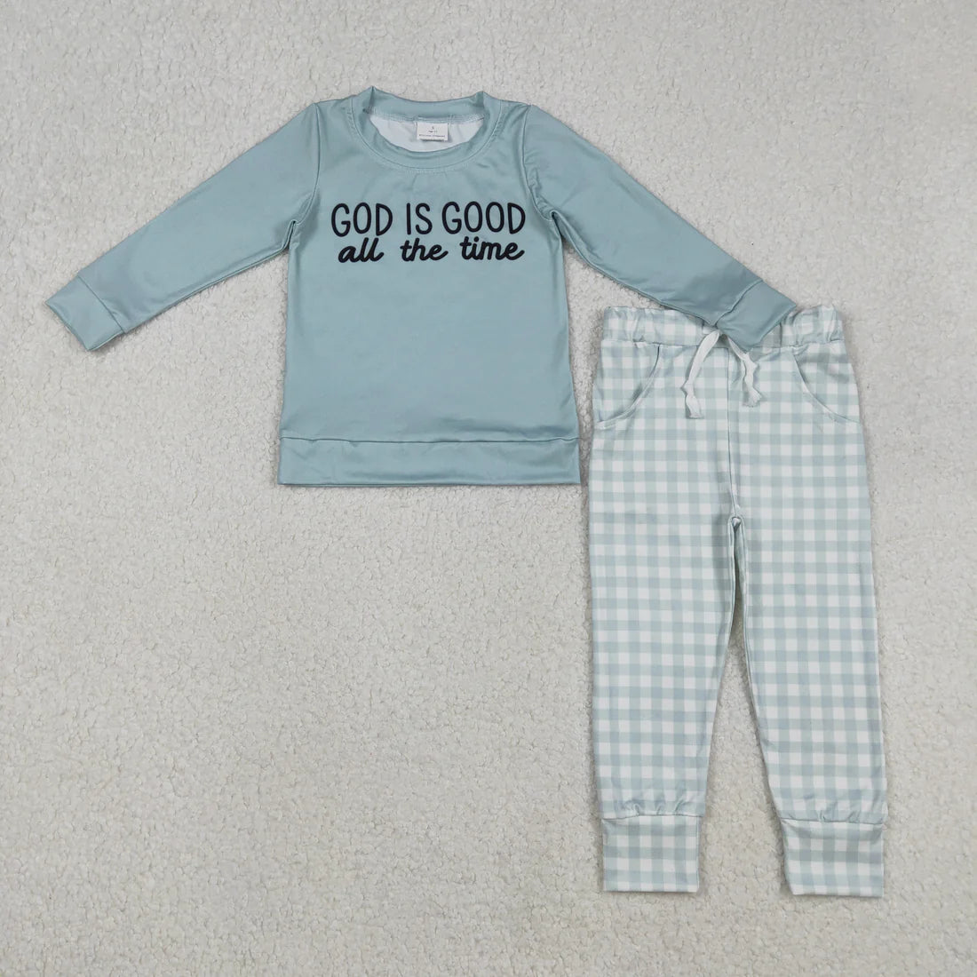 Sibling Baby Girls God is Good Top Pockets Checked Legging Pants Outfit