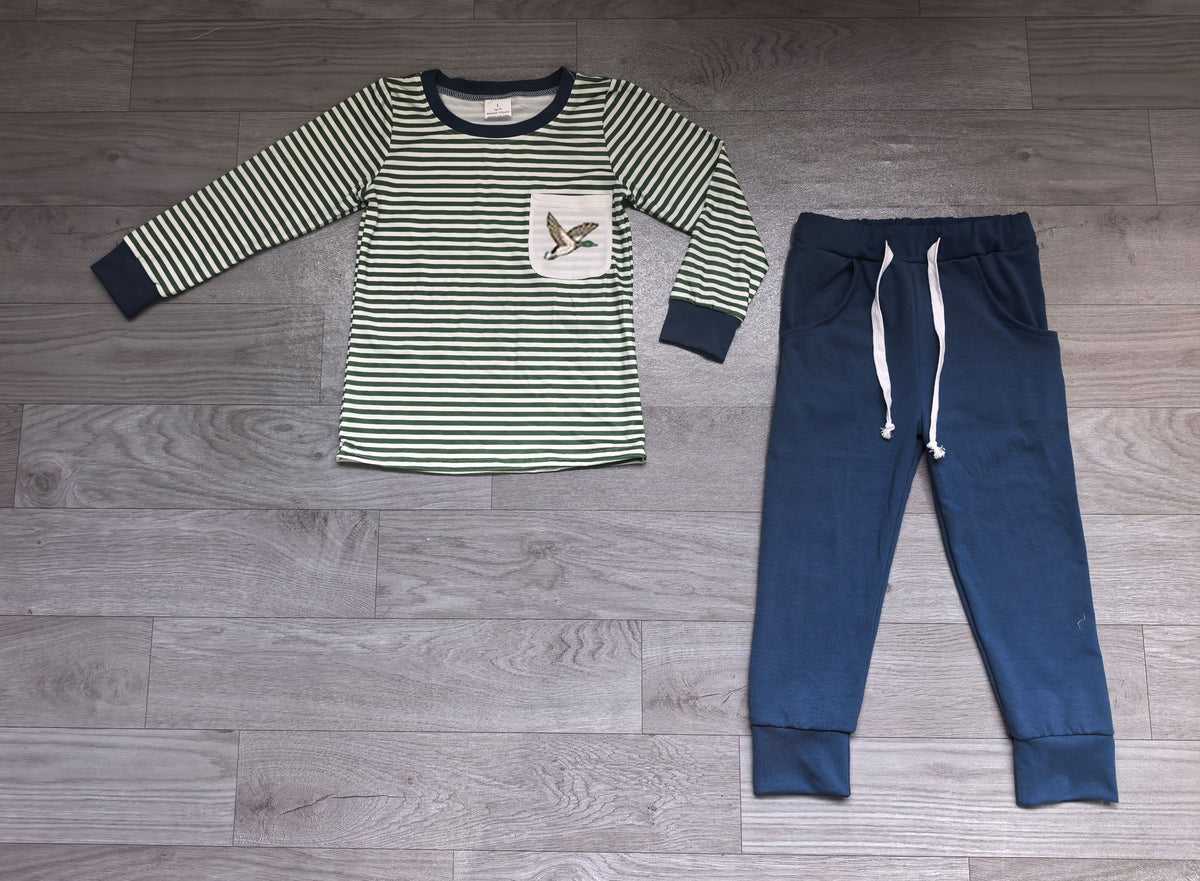 Preoder BLP1351 Baby Boys Mallard Duck Striped Top Navy Jogger Pants Outfit