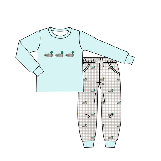 Toddler Boys Duck Light Blue Long Sleeve Top with Gingham Pants Outfit Preorder