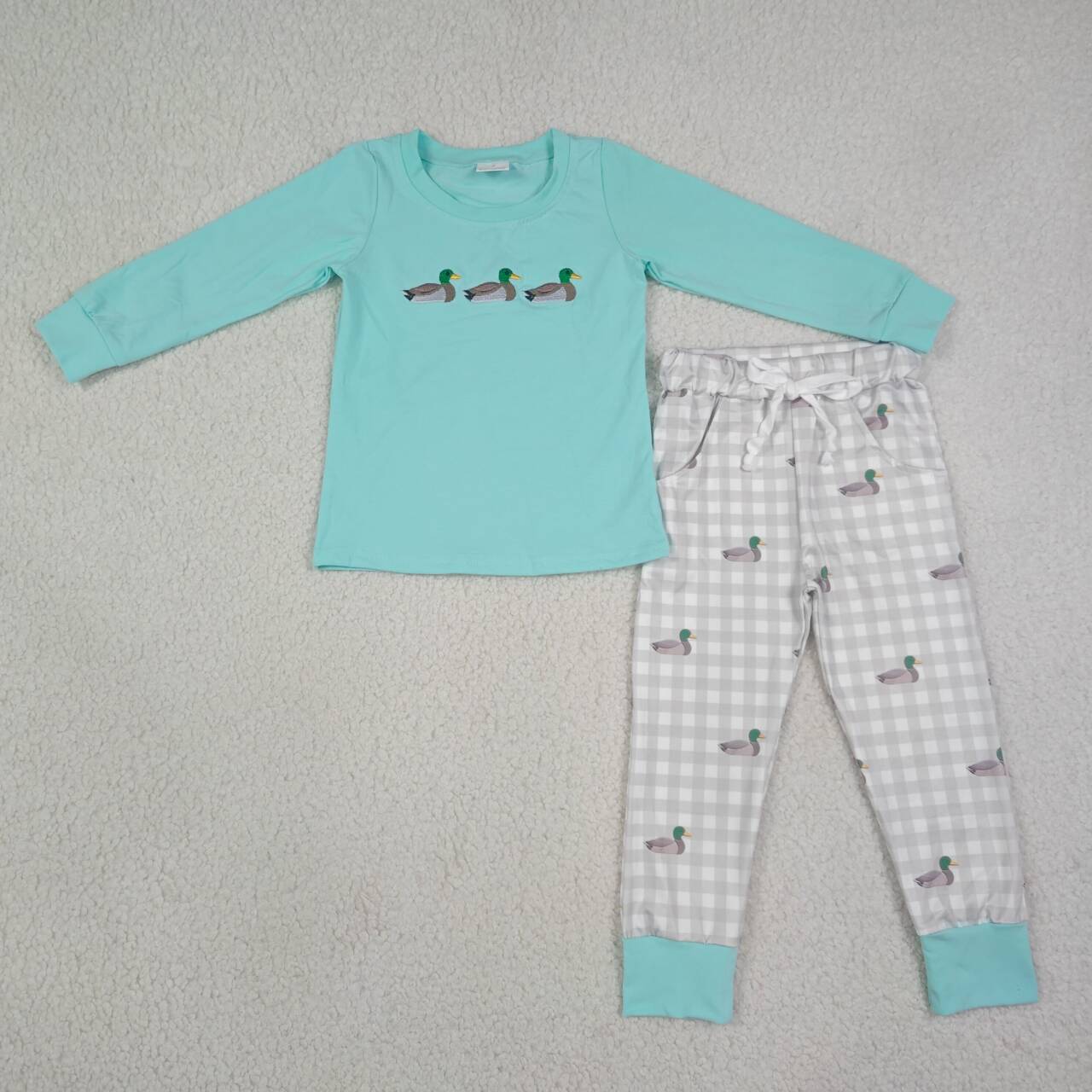 BLP1424 Duck Embroidery Aqua Top Checkered Pockets Pants Boys Clothes Set