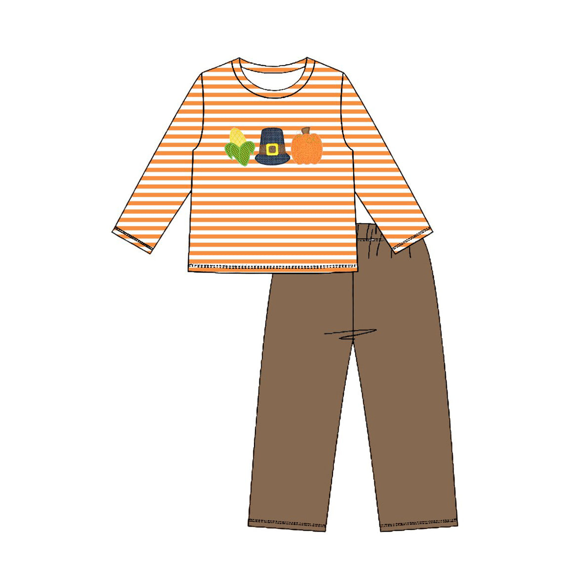 4.23 Toddler Boys Thanksgiving Corn Oilgrim Outfit With Brown Pants Preorder