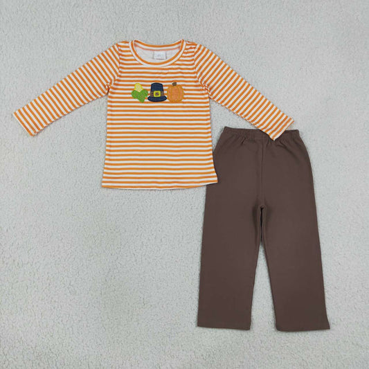 BLP1442 Corn & Pumpkin Embroidery Stripes Top Brown Pants Boys Thanksgiving Clothes Set