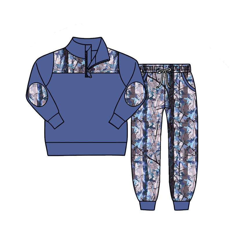 4.27 Boys Blue Woodland Camo Outfit - Quarter Zip Sweatshirt & Camo Jogger Pants Preorder
