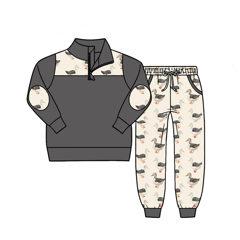 4.27 Boys Neutral Duck Print Outfit - Grey Quarter Zip Sweatshirt & Duck Jogger Pants Preorder