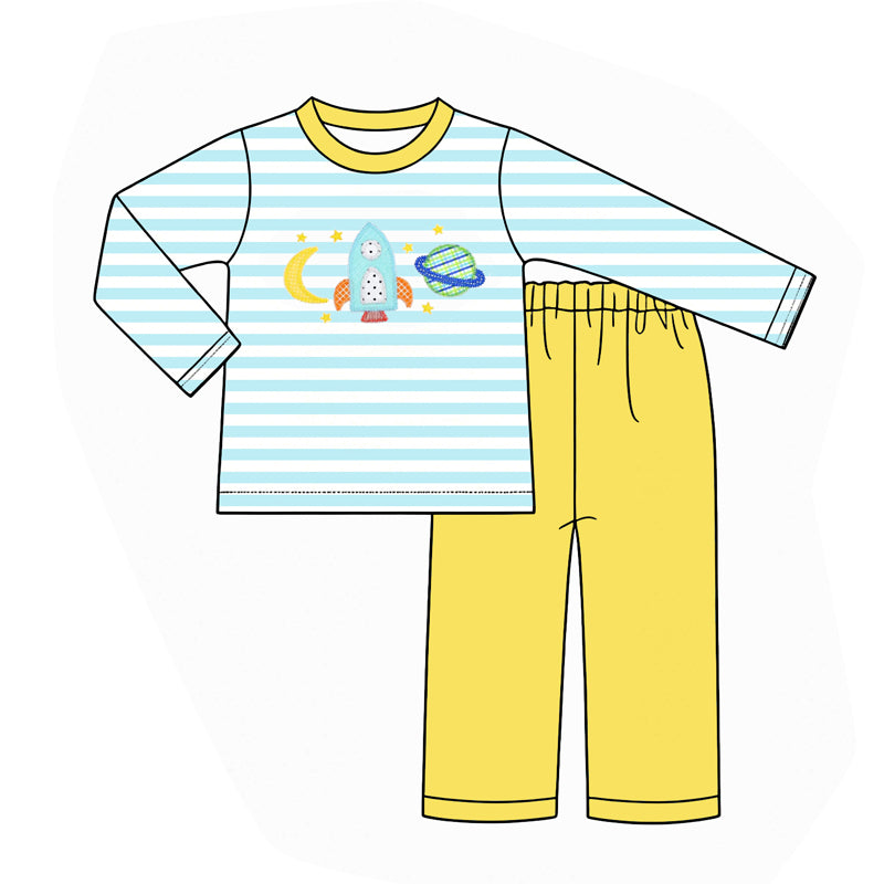4.28 Boys Space Rocket Embroidered Outfit Collection - Blue Striped Kids Clothing Preorder