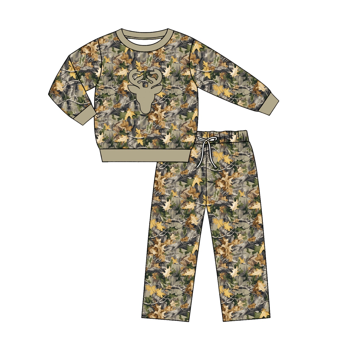 5.8 BLP1458 Preorder Deer Branch Camo Print Boys Long Sleeve Pants Clothes Set