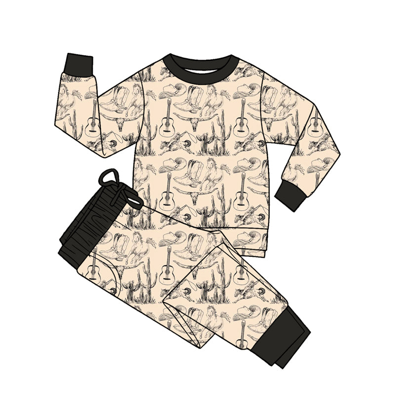 5.20 BLP1468 Preorder Cowboy Boots Hat Cactus Print Boys Long Sleeve Pants Clothes Set