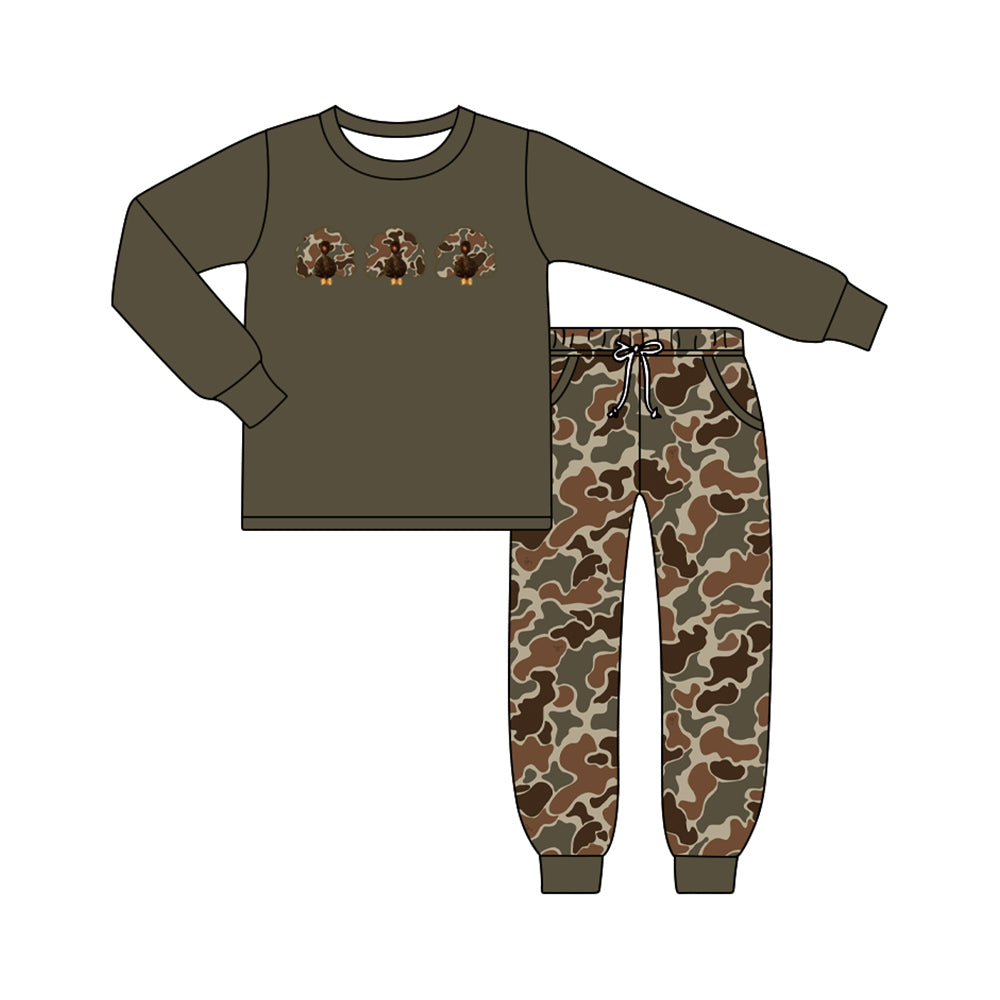 6.19 Baby Boys Thanksgiving Turkey Brown Camo Long Sleeve Top with Pants Outfit Preorder