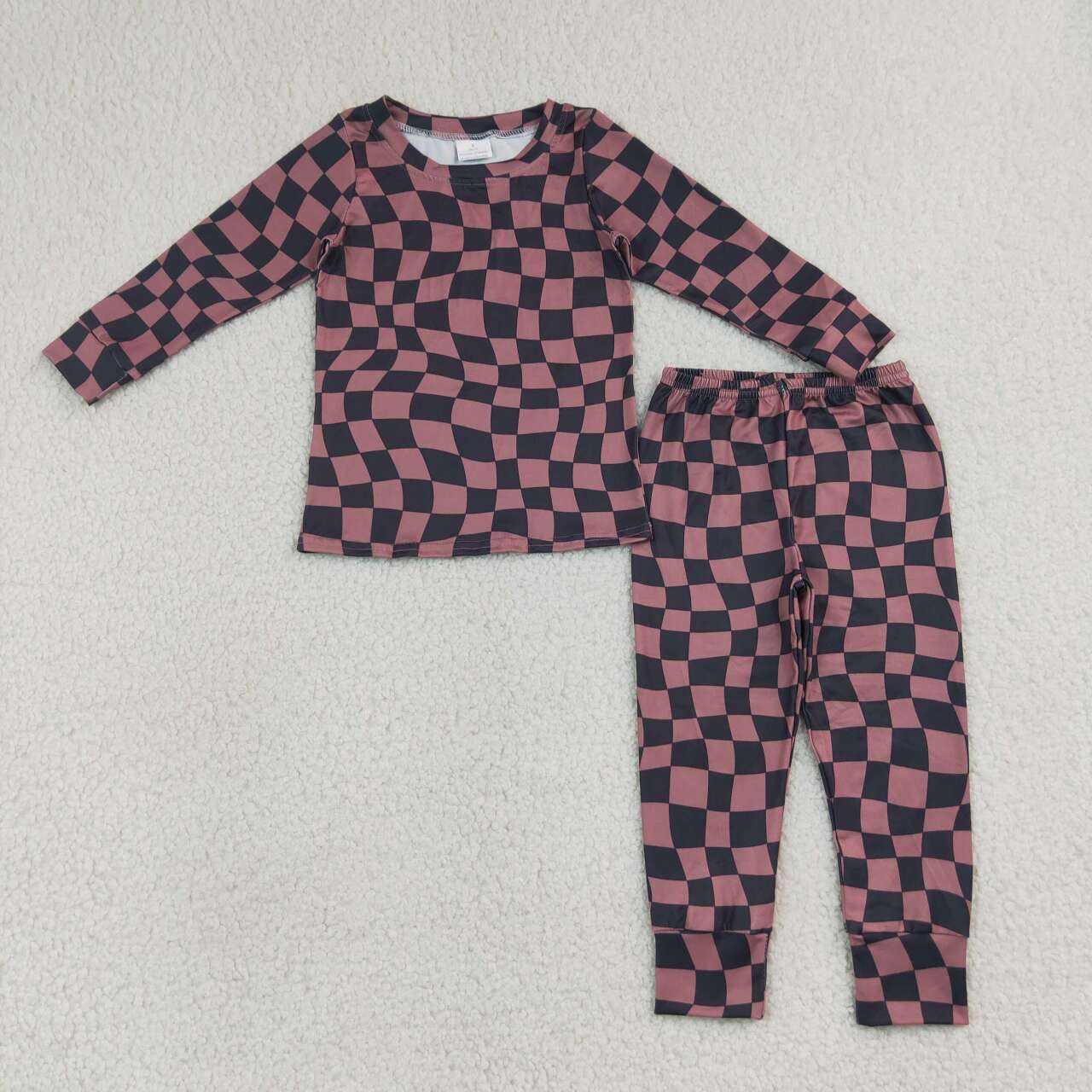 BLP1480 Brown Black Wavy Checkerd Print Kids Fall Pajamas Clothes Set