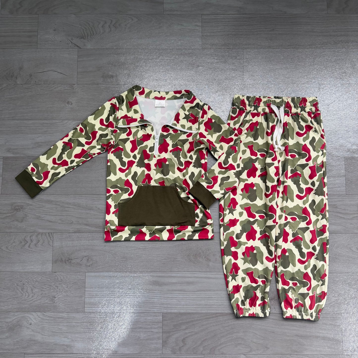Preorder Baby Boys Christmas Red Green Camo Long Sleeve Pullover Top with Jogger Outfit