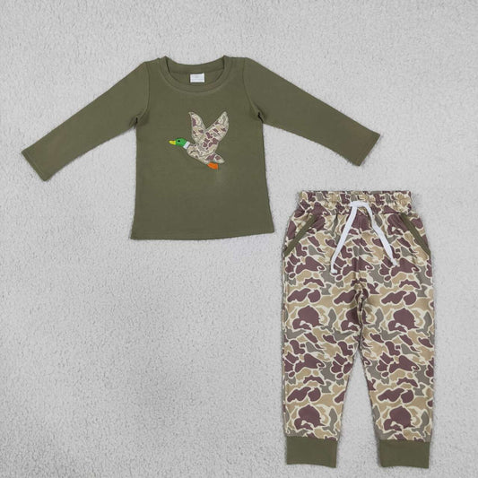 BLP1494 Duck Embroidery Green Top Camo Pockets Pants Boys Clothes Set