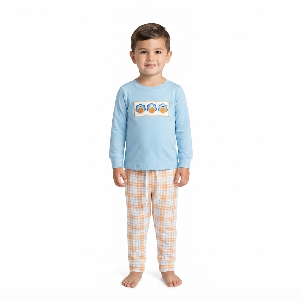 BLP1498 Pumpkin Turkey Embroidery Blue Top Orange Checkered Pants Boys Thanksgiving Clothes Set