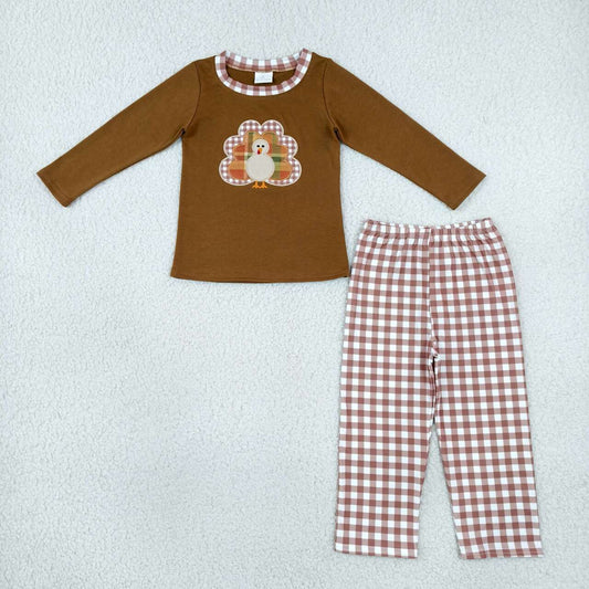 Sibling Baby Boys Thanksgiving Embroidery Turkey Brown Outfit and Romper
