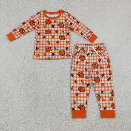 Sibling Baby Boys Fall Pumpkin Orange Checked Outfit and Romper