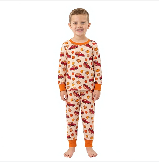 BLP1541 Pumpkin Truck Boys Fall Long Sleeve Pajamas Clothes Set