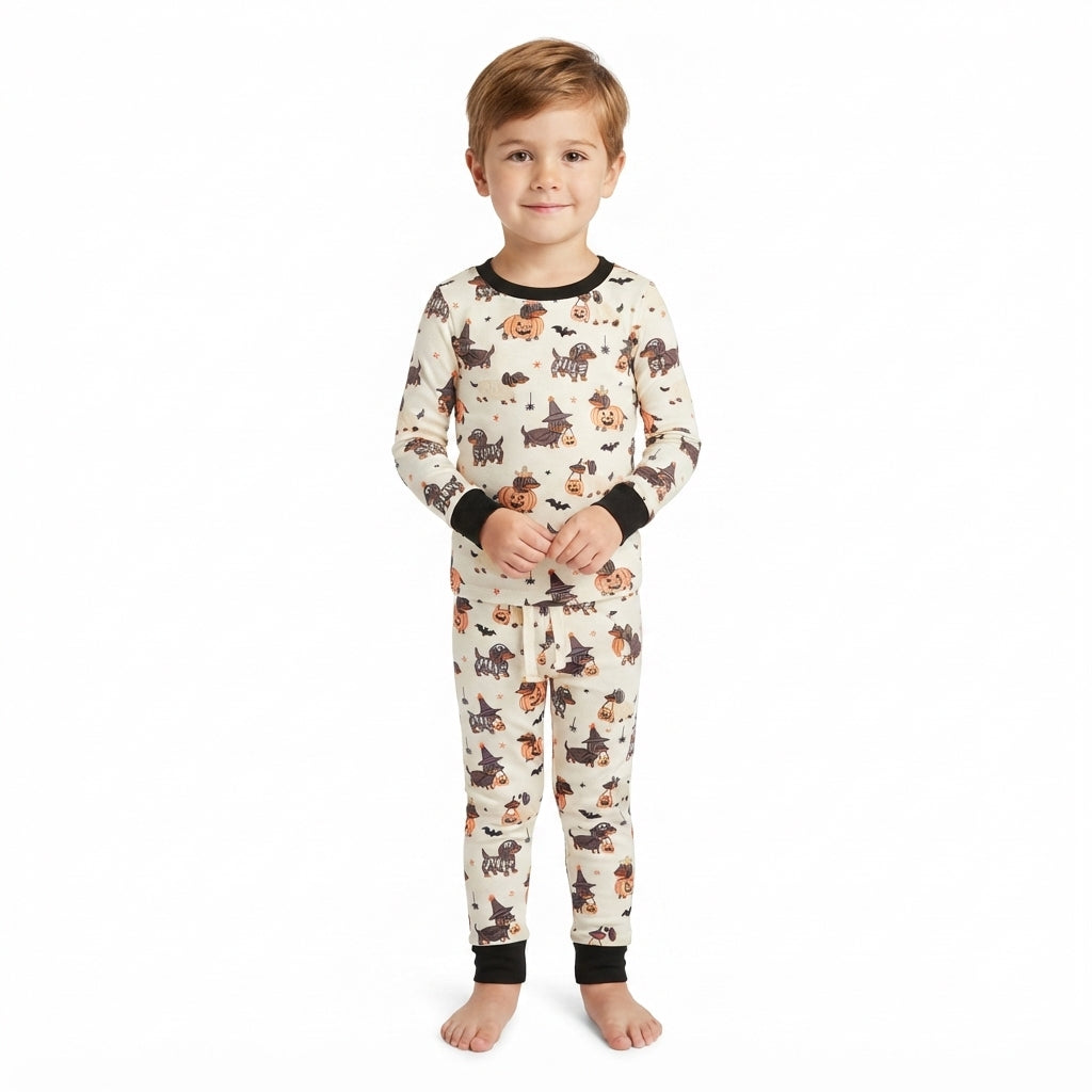 BLP1548 Dachshund Dog Pumpkin Kids Boys Halloween Long Sleeve Pajamas Clothes Set