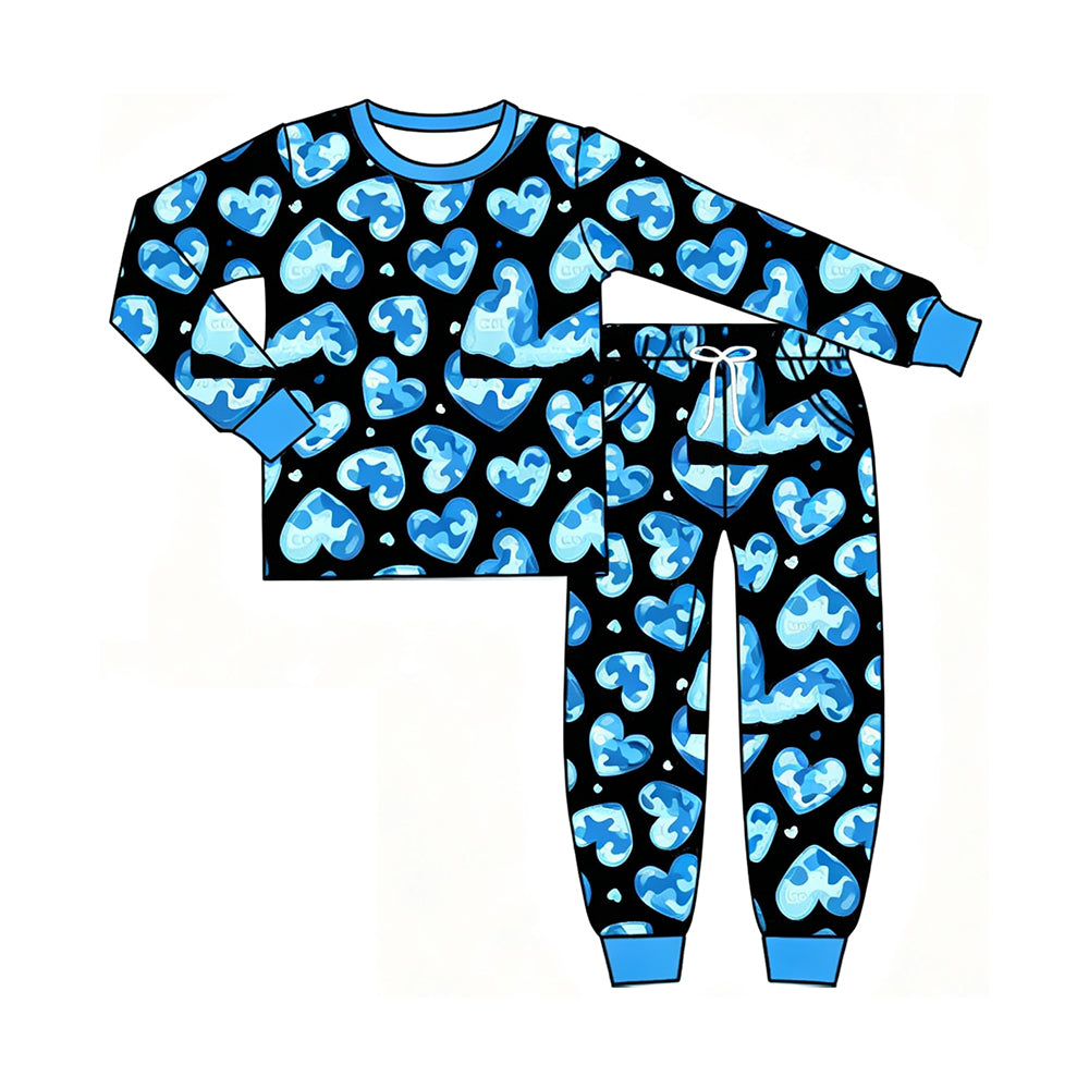 8.10 BLP1558 Preorder Blue Camo Hearts Print Long Sleeve Top Pockets Pants Boys Valentine's Day Clothes Set