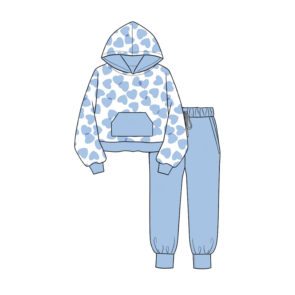 8.14 BLP1563 Preorder Hearts Hoodie Pocket Top Blue Pants Boys Valentine's Day Clothes Set