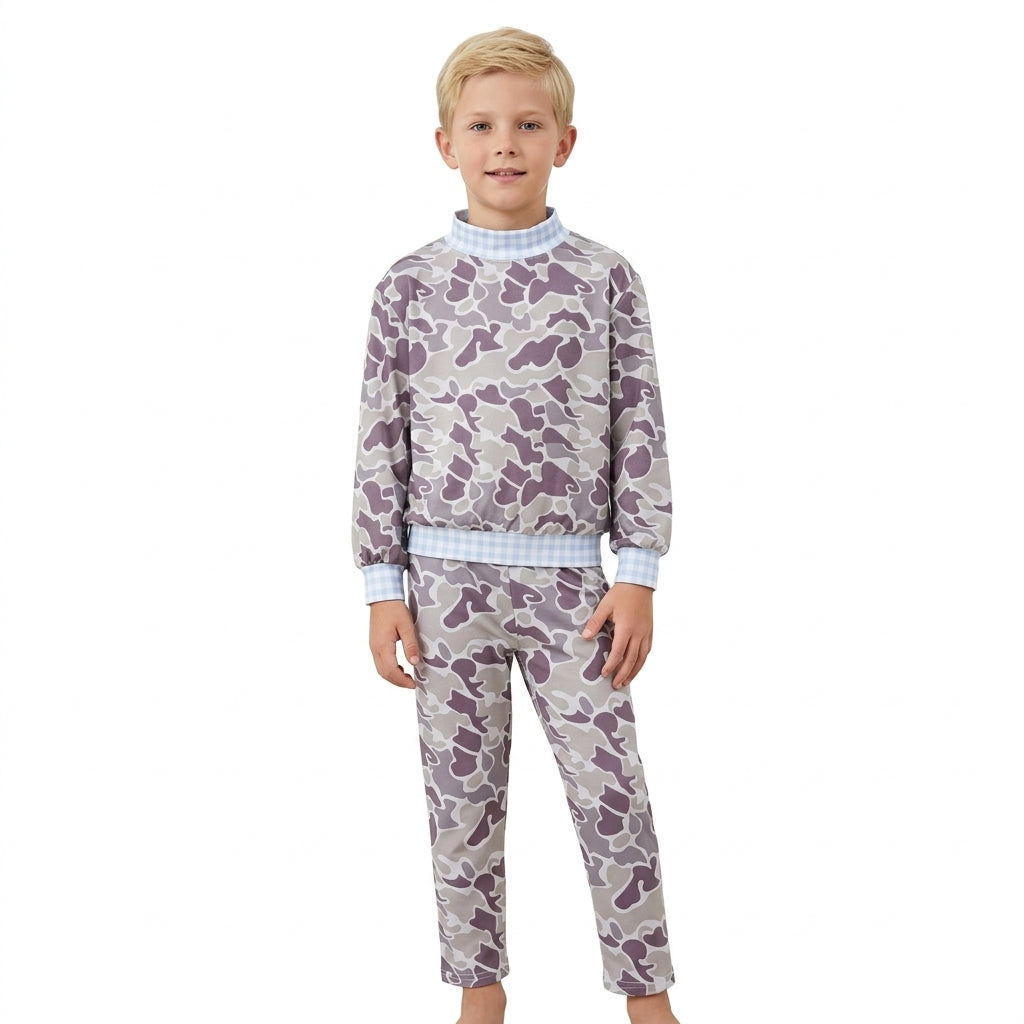 BLP1567 Dark Brown Camo Blue Gingham Mock Neck Top Pants Boys Fall Clothes Set