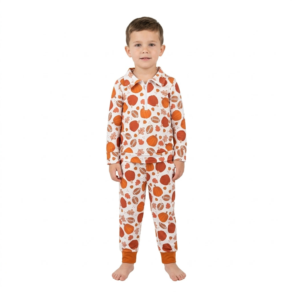 BLP1573 Football Pumpkin Leaf Zipper Pullover Top Joggers Pants Boys Fall Clothes Set