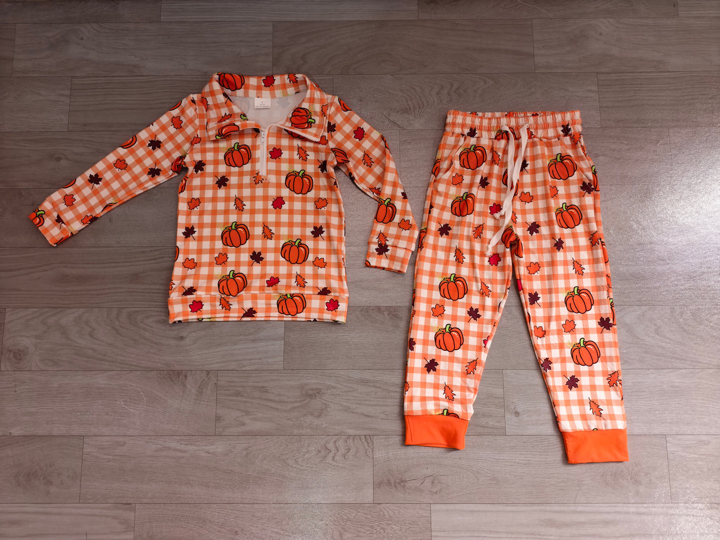 Kids Fall Pumpkin Plaid Half Zip Pullover & Jogger Pants Set Preorder