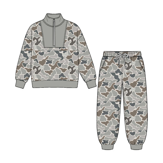 8.25 Preorder Grey Duck Camo Half‑Zip Top & Jogger Pants Set