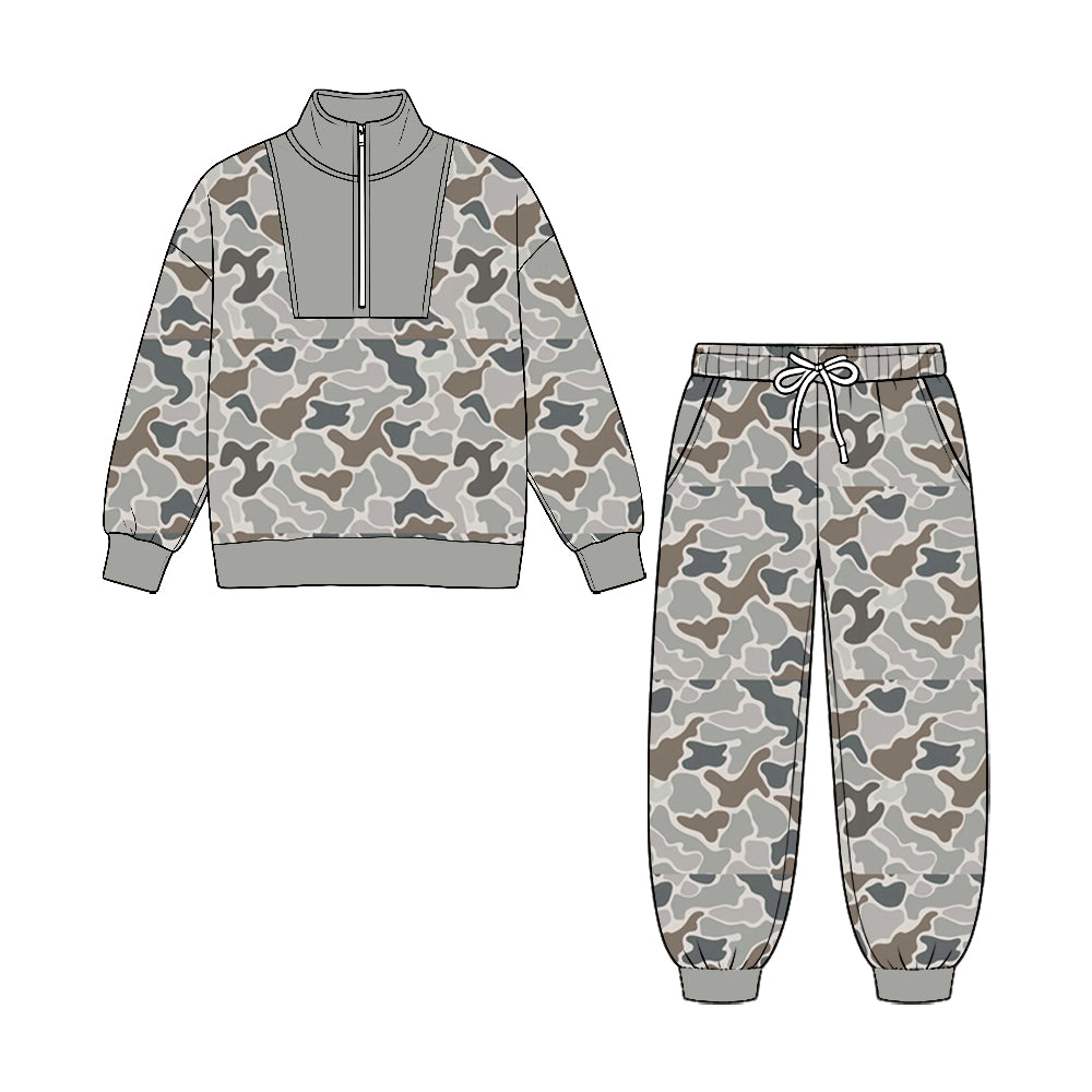 8.25 Preorder Grey Duck Camo Half‑Zip Top & Jogger Pants Set