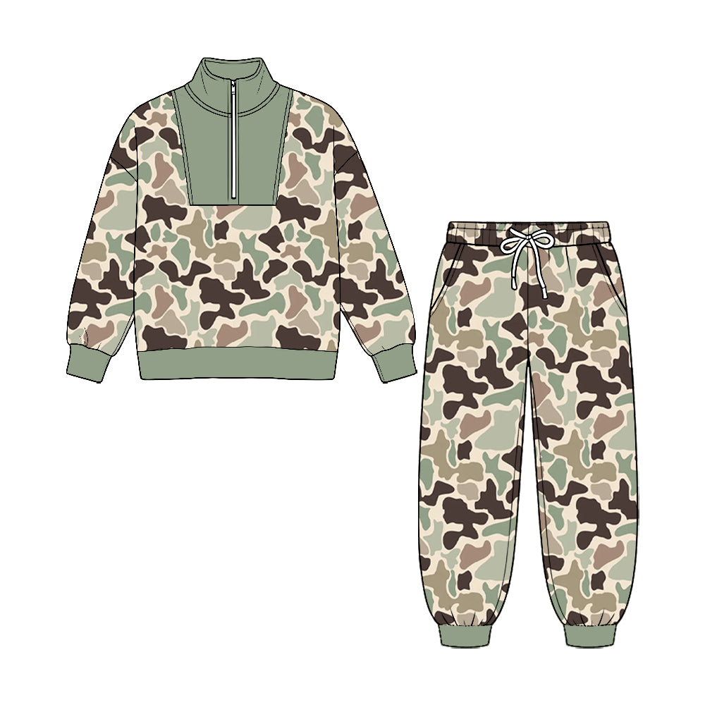 8.25 Preorder Brown Green Camo Half‑Zip Top & Jogger Pants Set