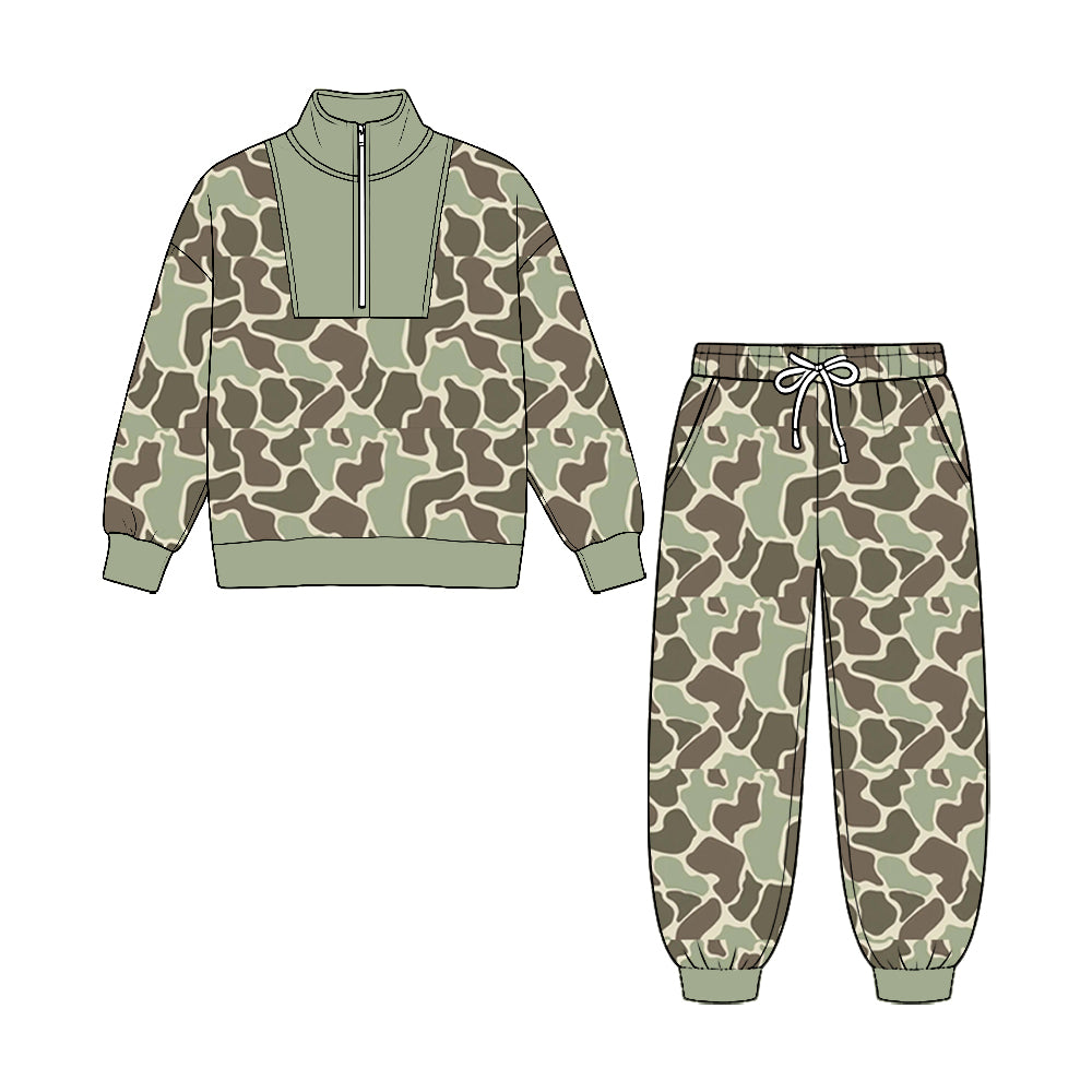 8.25 Preorder Olive Duck Camo Half‑Zip Top & Jogger Pants Set