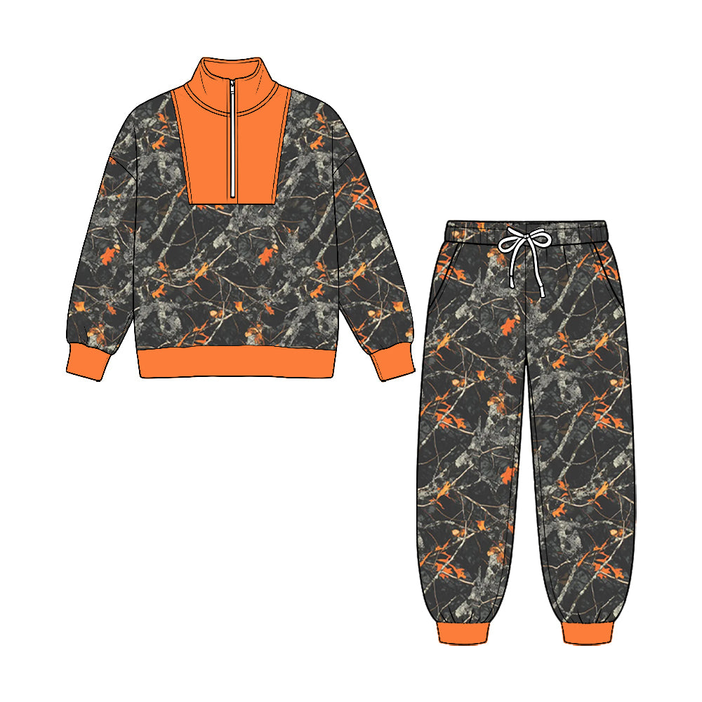 8.25 BLP1591 Preorder Orange Accent Tree Camo Half‑Zip Top & Jogger Pants Set
