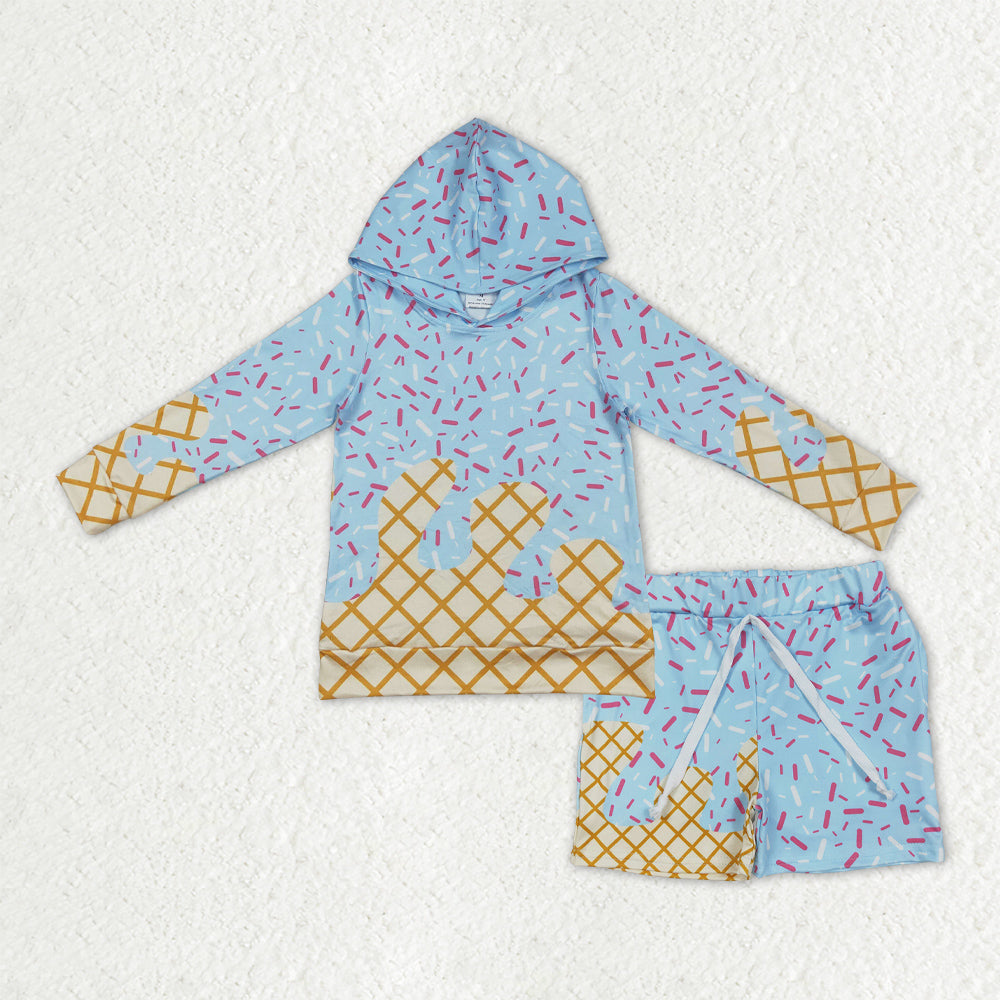 BLS0011 Blue Sprinkle Hoodie Top Pockets Shorts Boys Clothes Set