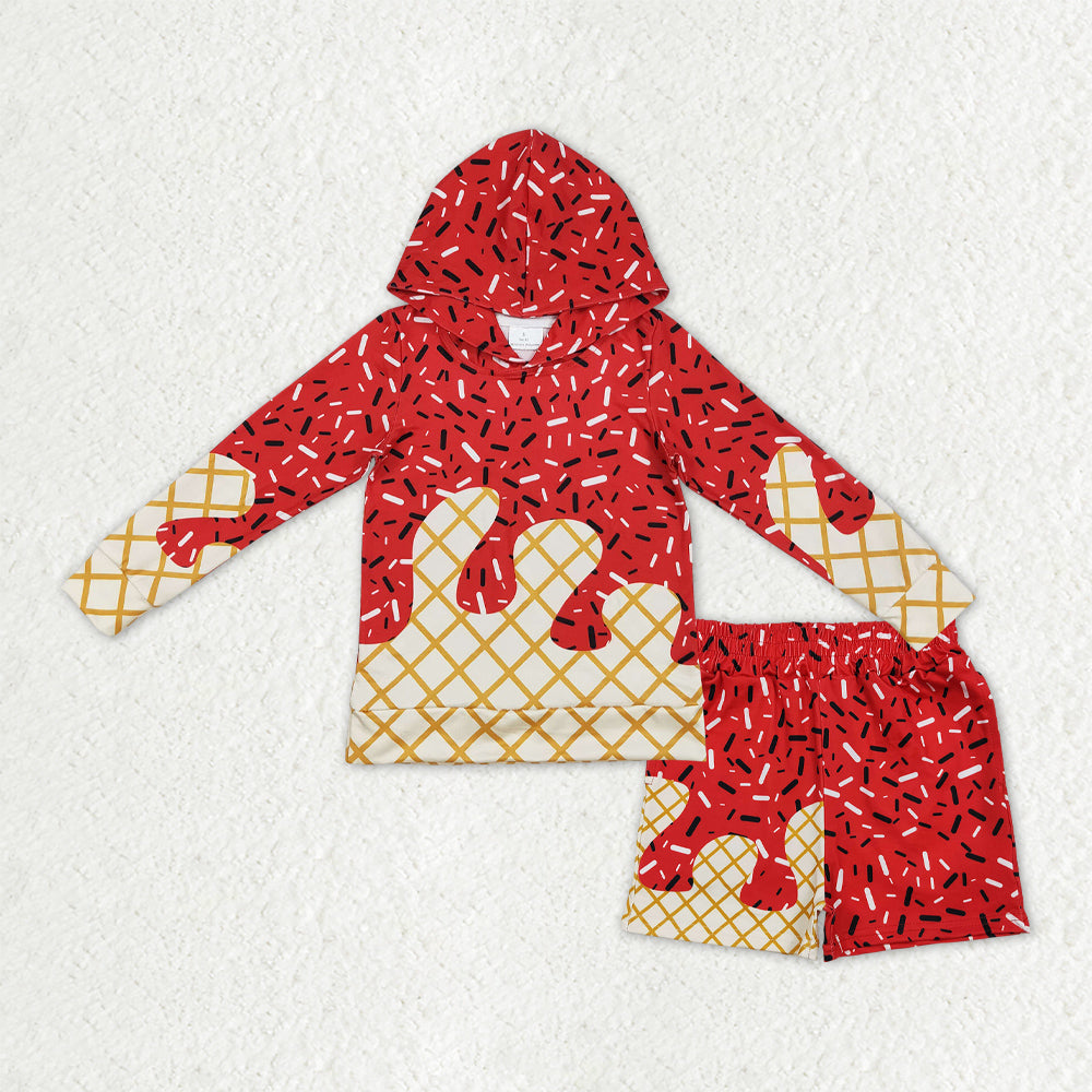 BLS0036 Red Sprinkle Hoodie Top Pockets Shorts Boys Clothes Set