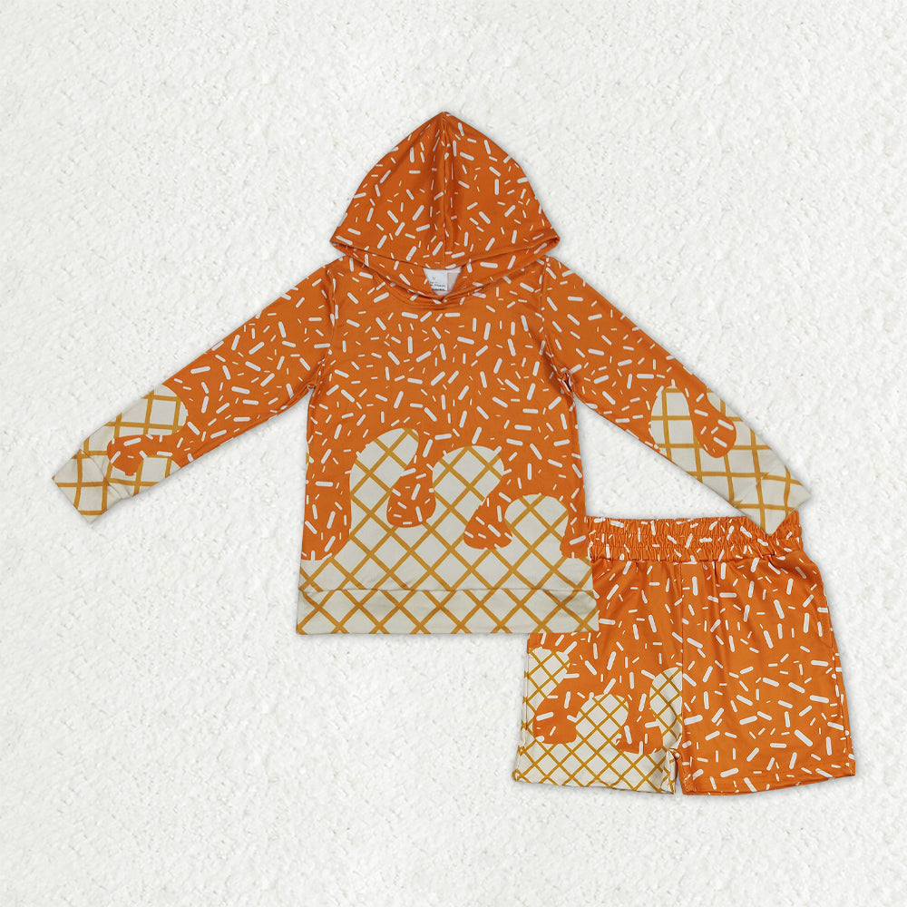 BLS0013 Orange Sprinkle Hoodie Top Pockets Shorts Boys Clothes Set
