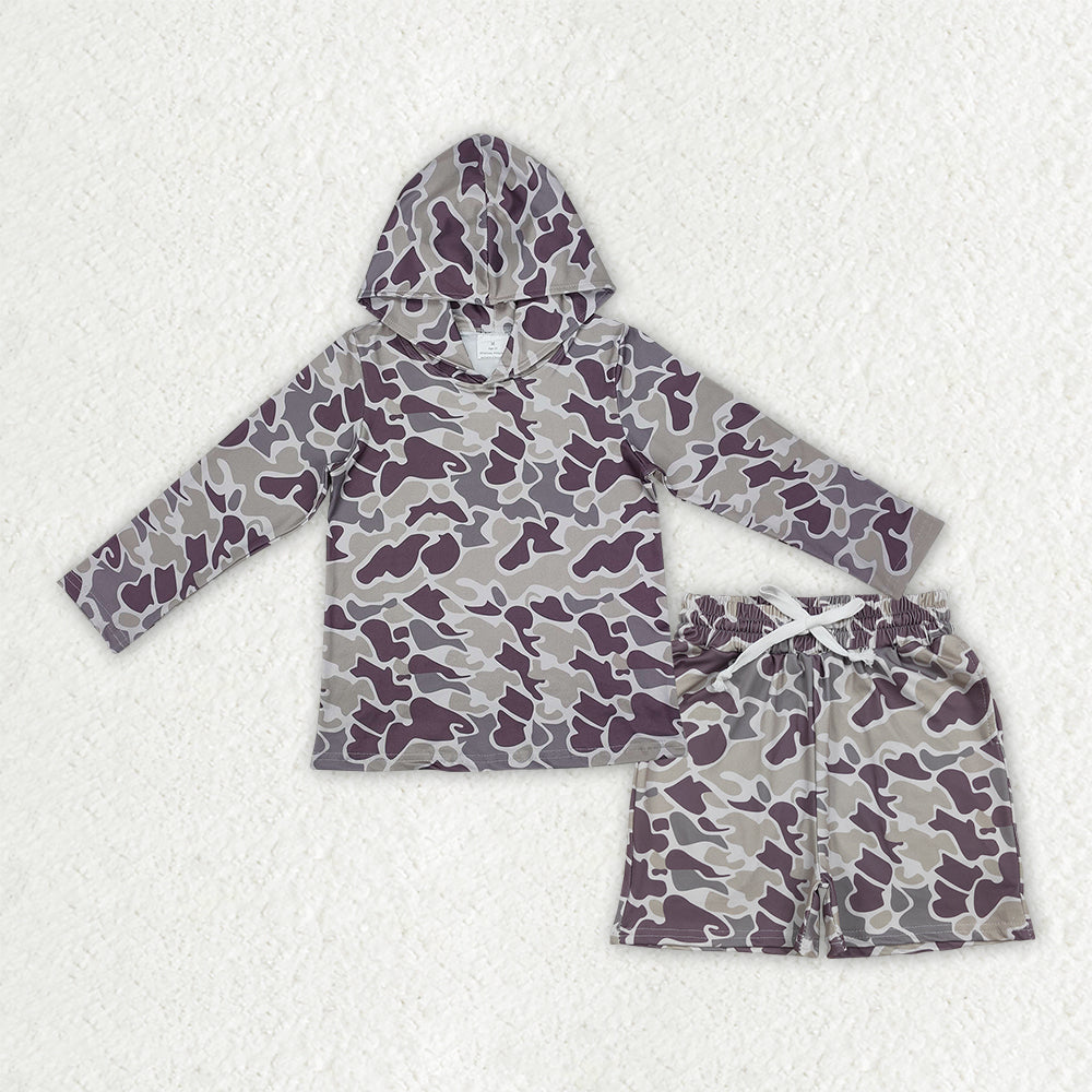 BLS0039 Dark Brown Orange Camo Hoodie Top Pockets Shorts Boys Clothes Set