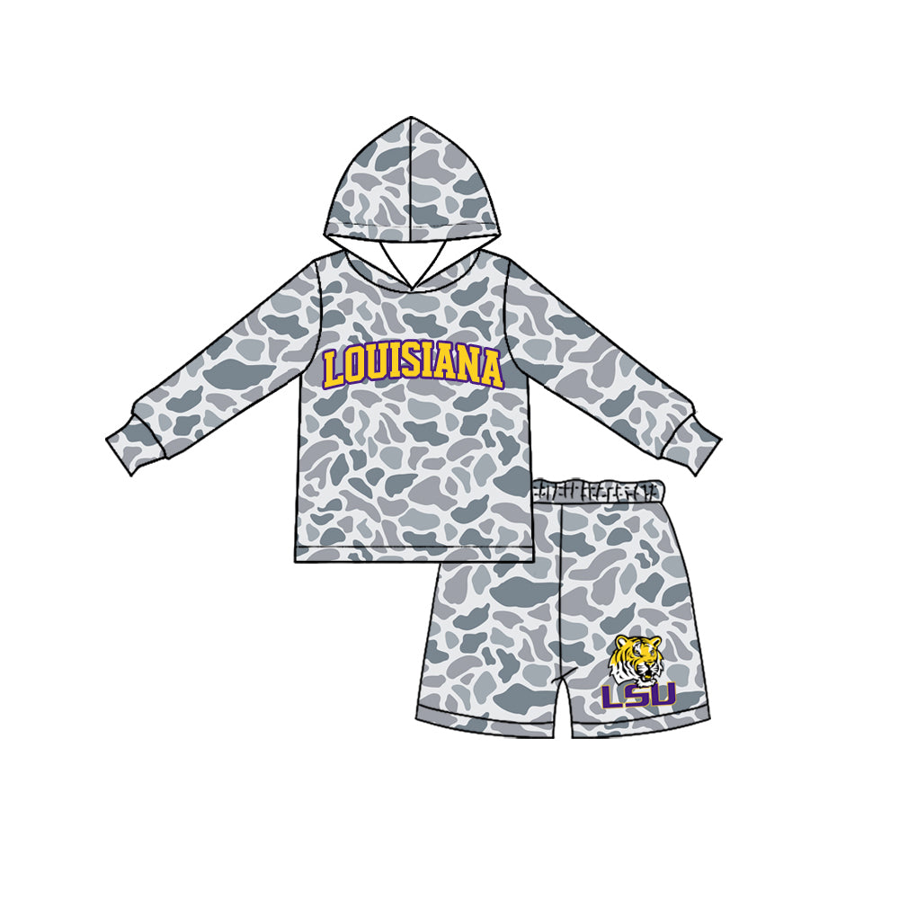 7.23 BLS0045 Preorder Teams Louisiana Grey Camo Hoodie Top Shorts Kids Clothes Set