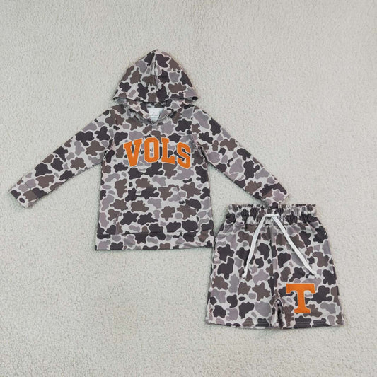 BLS0049 Teams Tennessee VOLS Dark Grey Camo Print Hoodie Top Shorts Boys Clothes Set